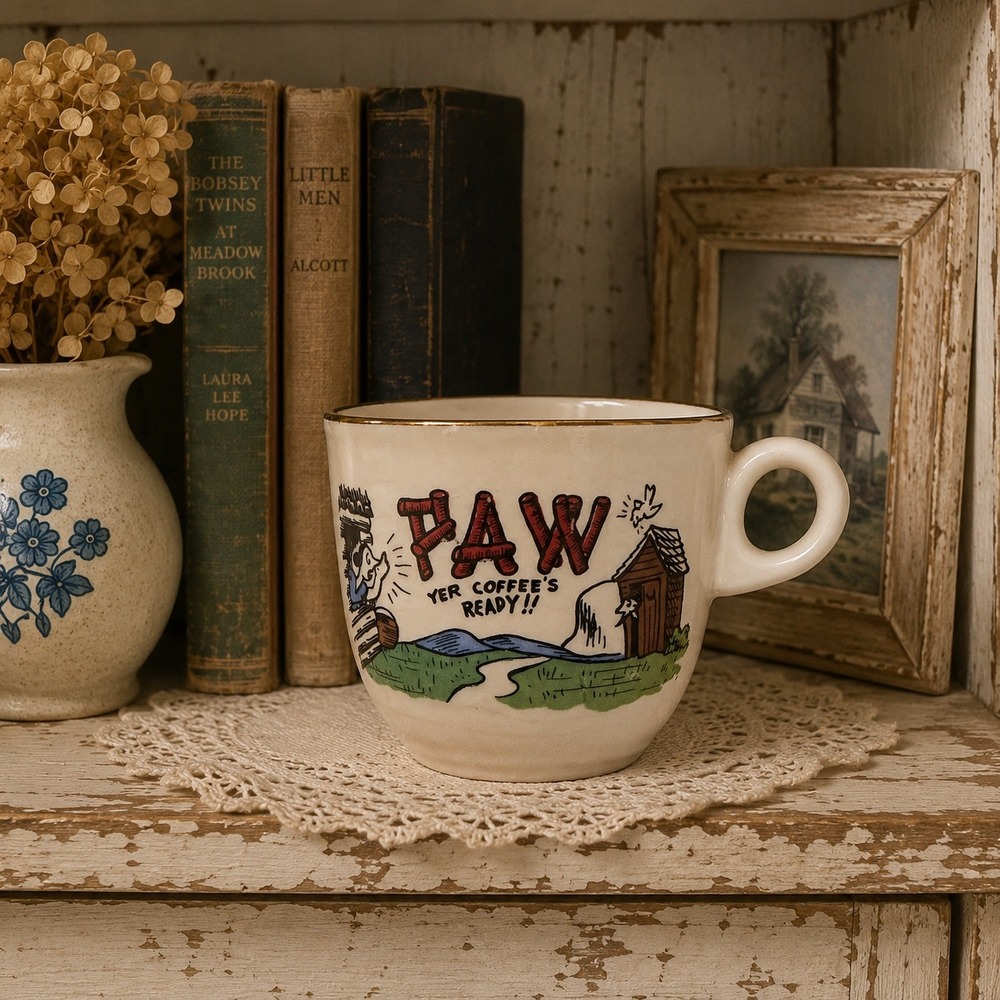 Vintage Paw Yer Coffees Ready Outhouse Coffee Mug Gold Rim USA Made Cream 3in